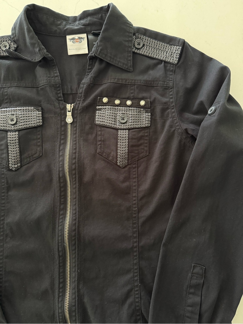 Harley Davidson Zip Up Shirt - Black w/ Sequin & Jewel Accents
